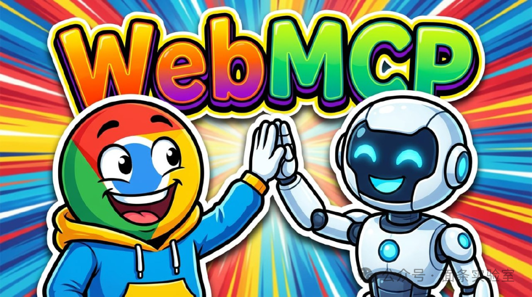 WebMCP概念宣传图：卡通风格的谷歌Chrome吉祥物与机器人击掌