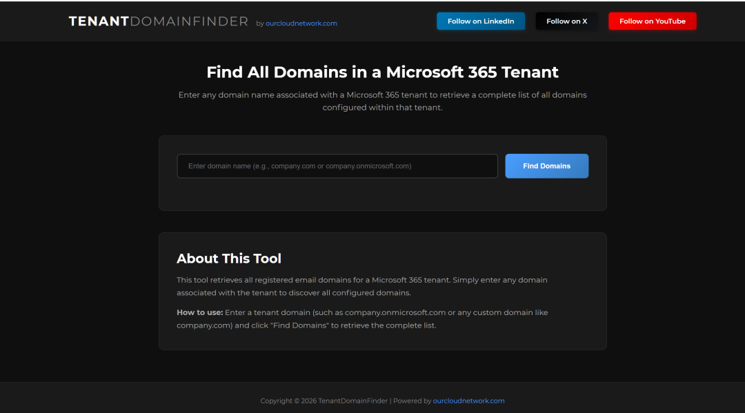 Microsoft 365 租户域名查找工具界面截图