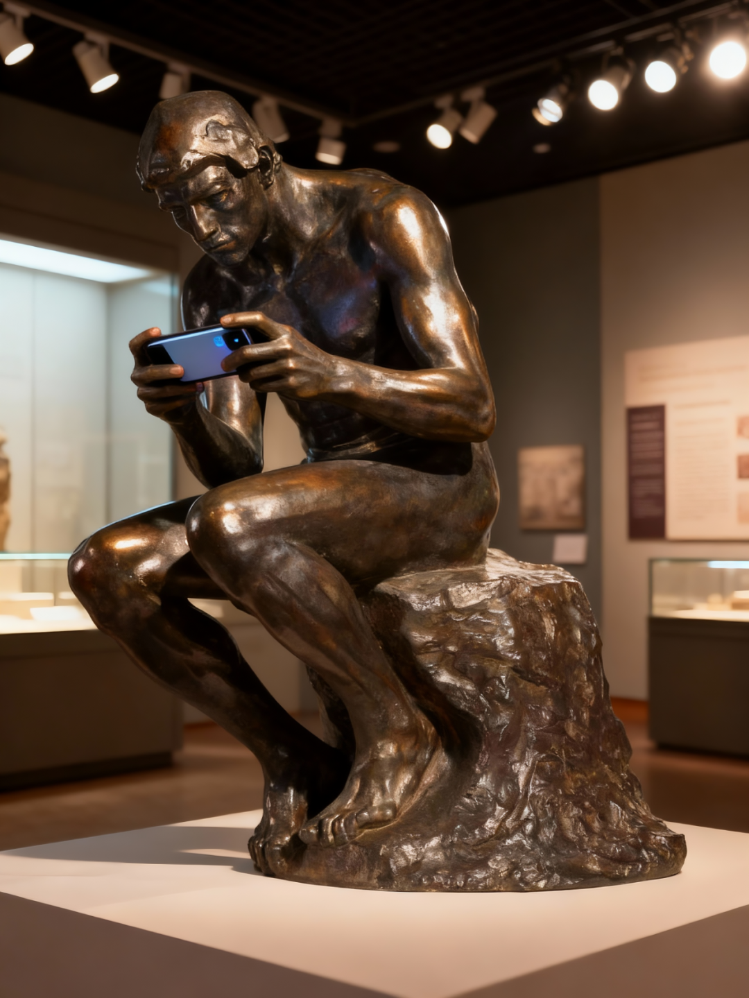青铜雕塑：坐着的人看手机