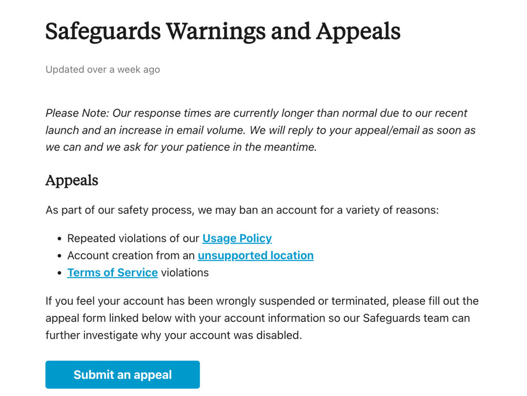 Claude 官方帮助中心关于申诉的页面截图，提示回复时间可能延长