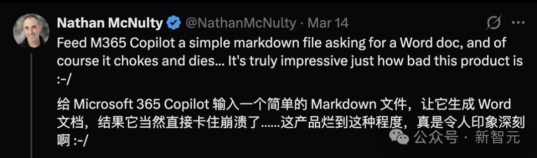 用户展示Copilot处理Markdown文件失败的推文截图