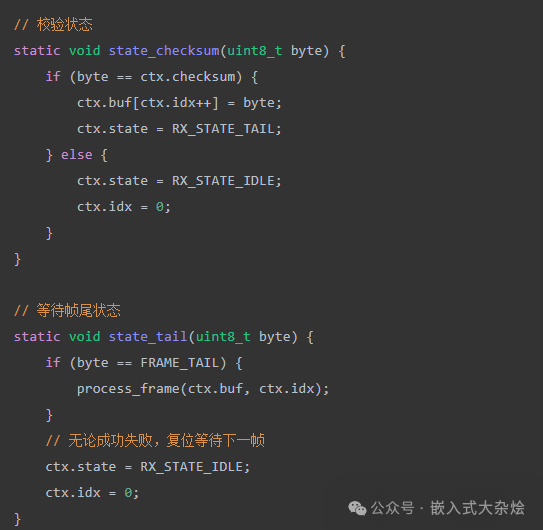 实现校验和帧尾状态处理函数的C语言代码