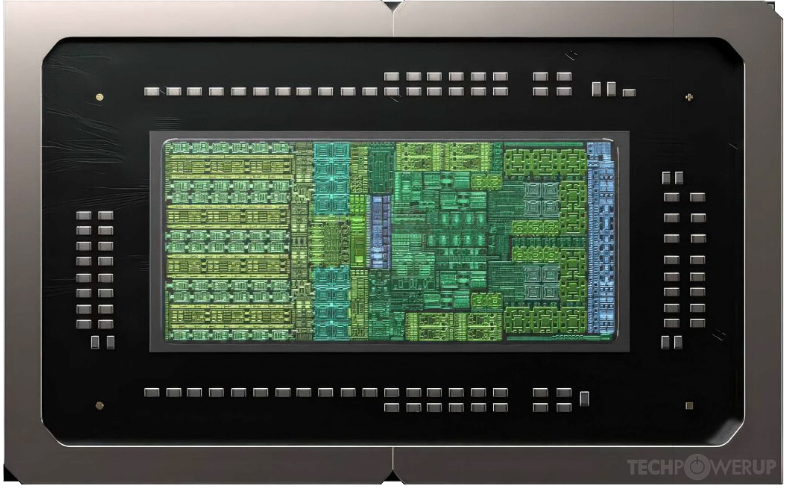 GB10芯片俯视图:绿色/青色/蓝色纹理电路,深灰色金属封装,右下角TECHPOWERUP水印