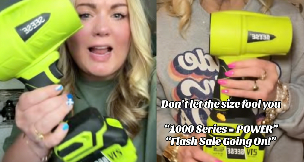 一位金发女性手持SEESE亮绿色电动工具进行展示