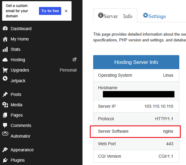 托管面板显示 Server Software 为 nginx