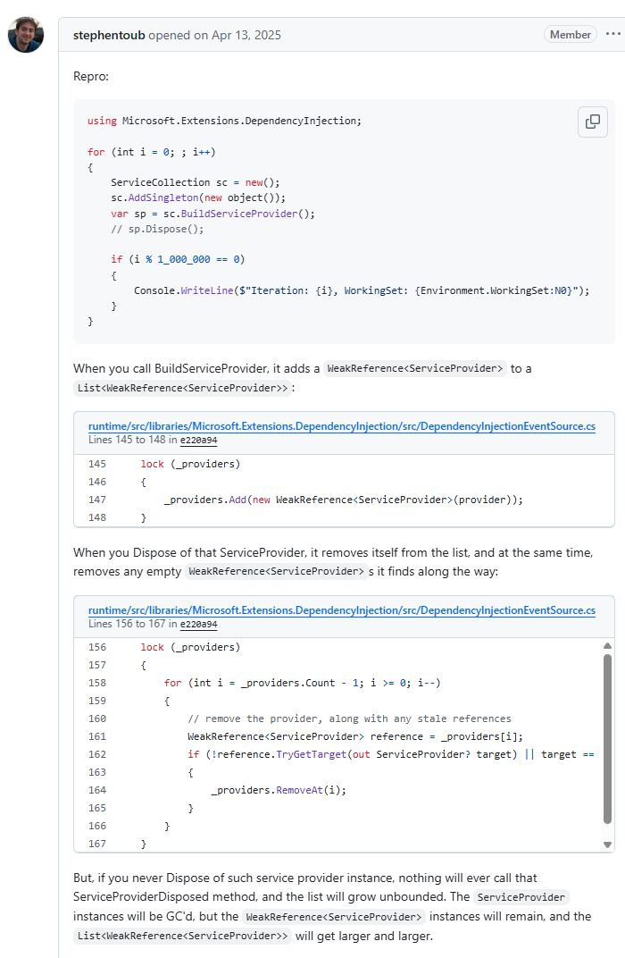 GitHub Issue 截图：复现代码及问题描述