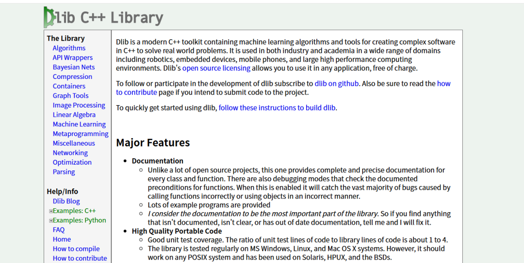 Dlib C++ Library官网介绍页面截图