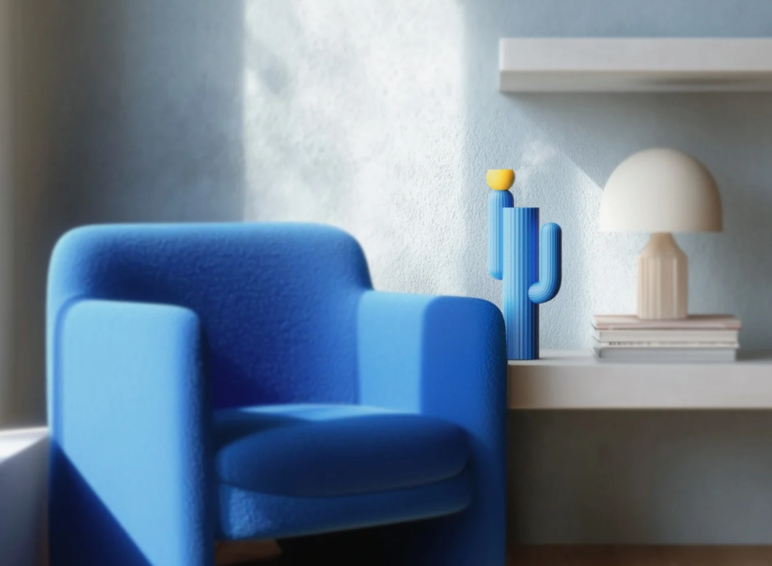 Cabu加湿器在蓝色沙发与书架旁的摆放场景