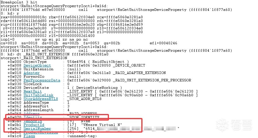 查看RAID_UNIT_EXTENSION结构体中的Identity信息