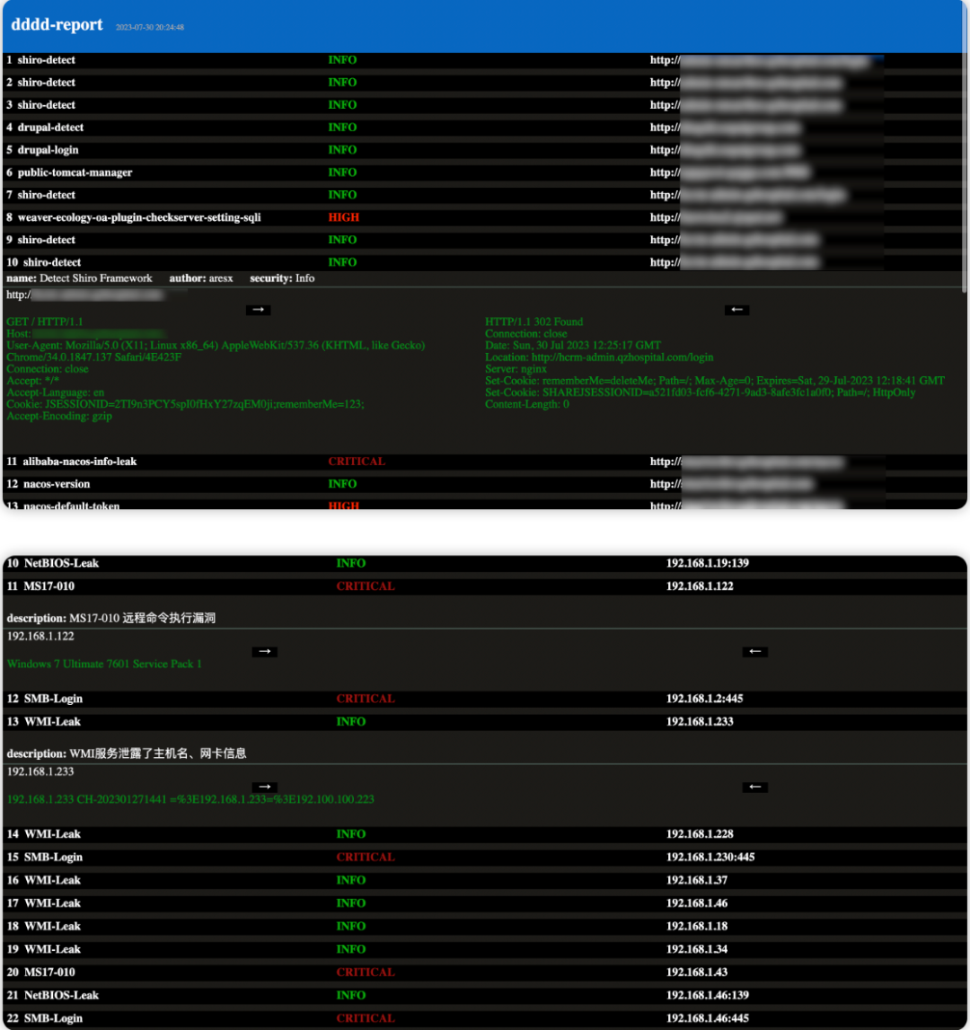 扫描结果报表，包含漏洞名称、风险等级等详情