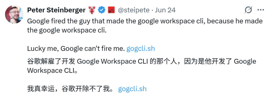 Peter Steinberger 推文截图：嘲讽 Google 开除开发者，附 gogcli.sh 链接