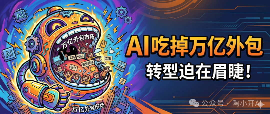 一张描绘AI“怪兽”吞噬“工具”、“代码”等外包工作类型的科技风格插画，象征着AI对传统外包市场的冲击