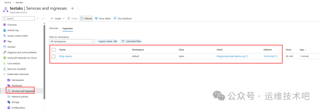 Azure 门户中 Kubernetes 服务（testaks）的 Services and ingresses 页面截图，左侧导航栏高亮 'Services and ingresses'，主区域为 Ingresses 列表，包含一列数据：Name 为 'blog-ingress'，Namespace 为 'default'，Class 为 'nginx'，Hosts 为 'blog.jonsonstart.dpdns.org'，Address 为 '10.224.0.62'，Ports 为 '80, 443'，Age 为 '1 minute'。