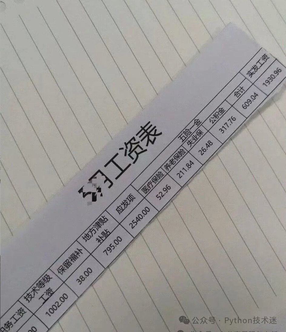 国企员工工资表示例：应发项2540元，扣除五险一金后实发1930.96元