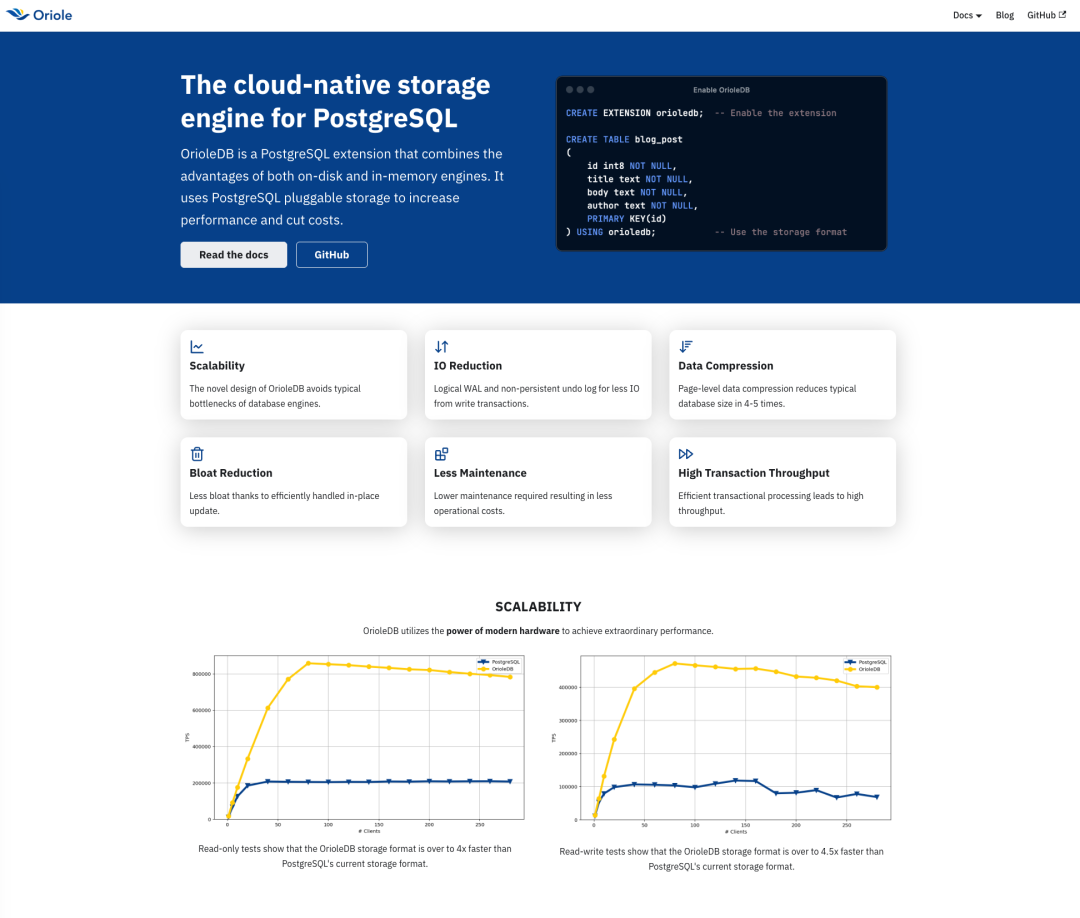 OrioleDB 官网，介绍其作为 PostgreSQL 的云原生存储引擎