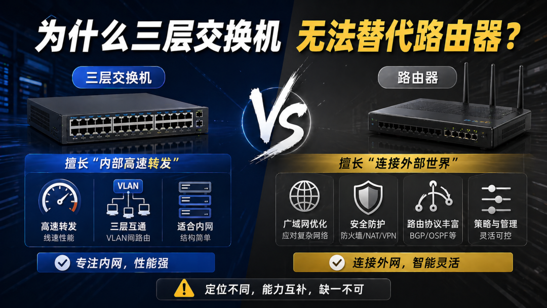 三层交换机和路由器功能对比：内部高速转发 vs 连接外部世界