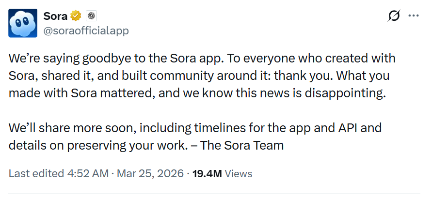 Sora官方社交账号的停运公告截图，宣布将关闭Sora应用和API。