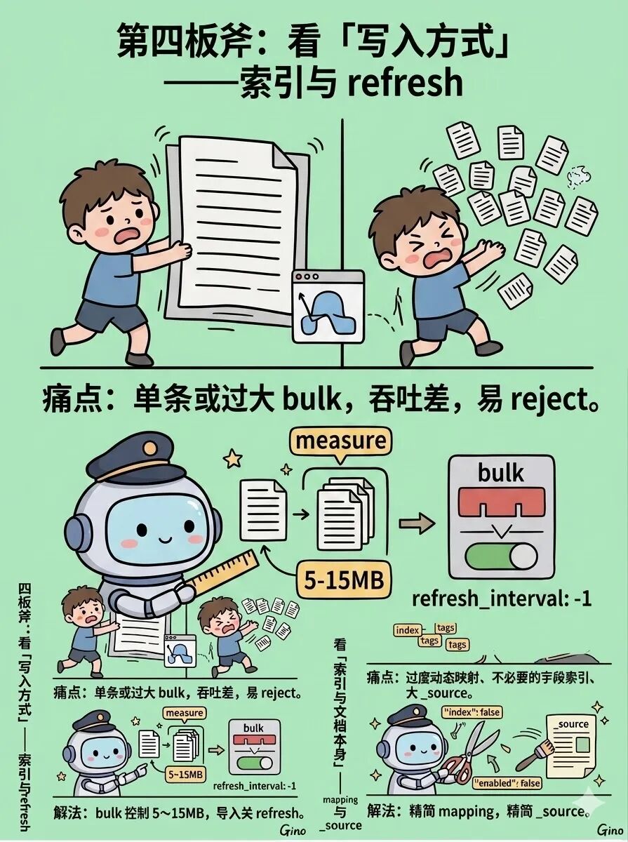 关于bulk写入与refresh优化的漫画示意图