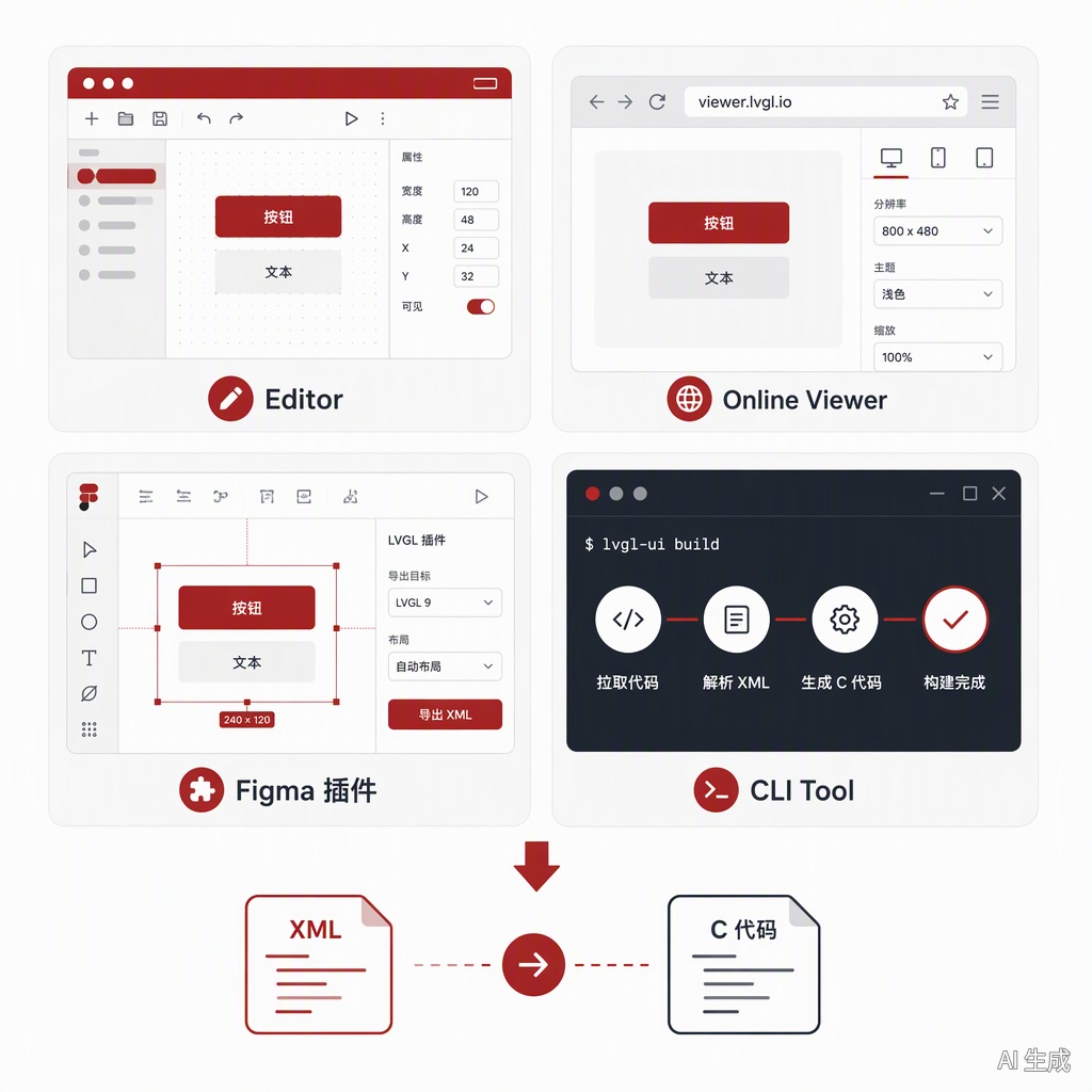 LVGL Pro 四件套示意:Editor、Online Viewer、Figma 插件与 CLI Tool,中间核心为 XML 转 C 代码