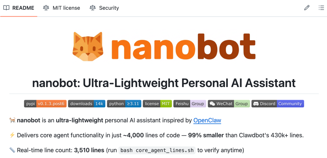 nanobot项目主页，展示其徽标、下载量与核心特性