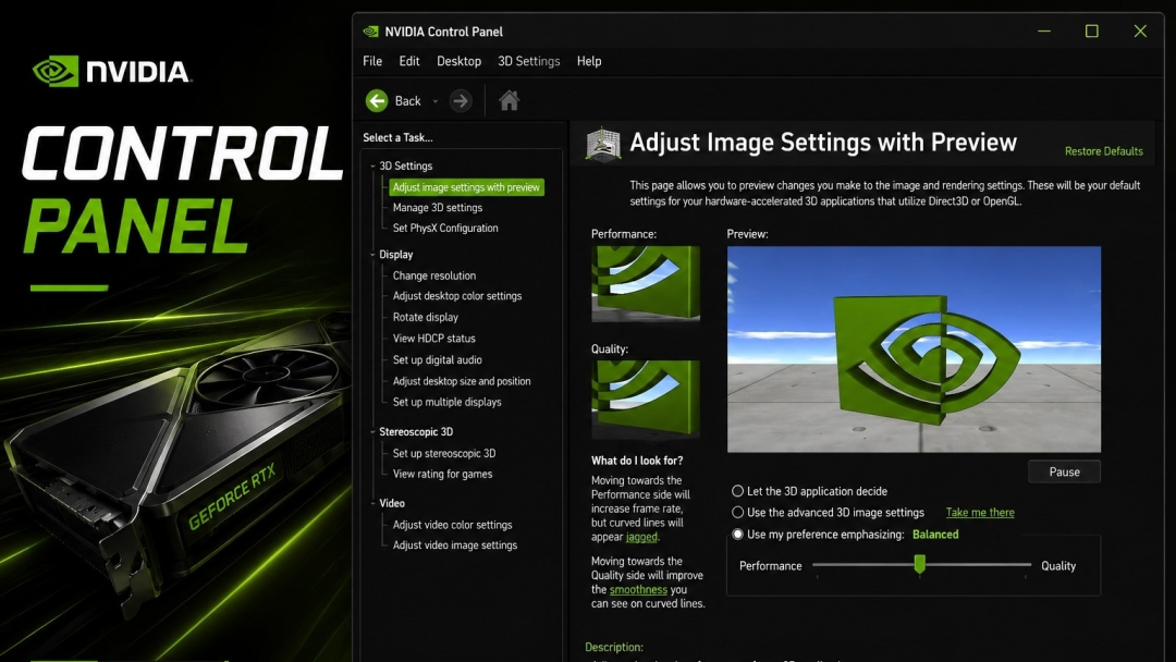 NVIDIA 控制面板 3D 设置界面,调整图像预览与性能质量选项