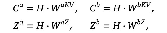 四个投影公式：C^a = H·W^{aKV}， C^b = H·W^{bKV}， Z^a = H·W^{aZ}， Z^b = H·W^{bZ}