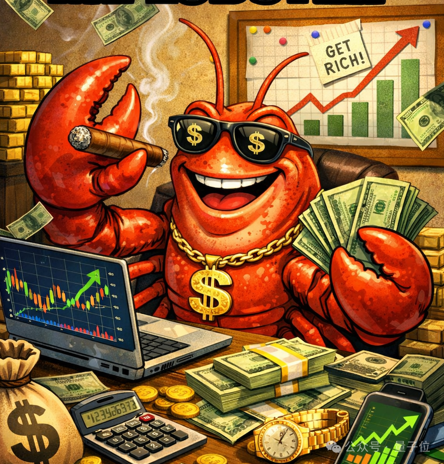 一只戴着墨镜叼着雪茄的龙虾坐在钱堆里，充满财富气息