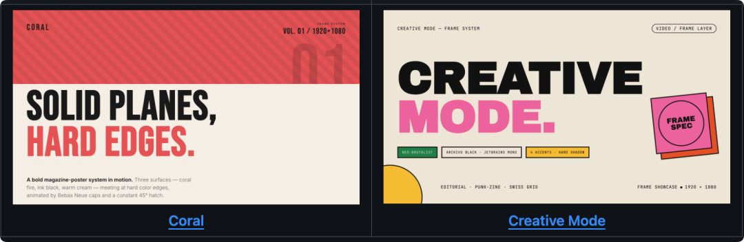 HyperFrames 动态设计系统 Coral 与 Creative Mode 模板预览