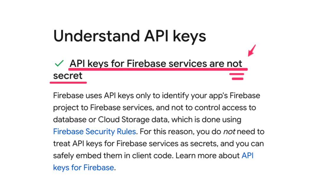 Firebase官方文档截图，明确写着“API keys... are not secret”