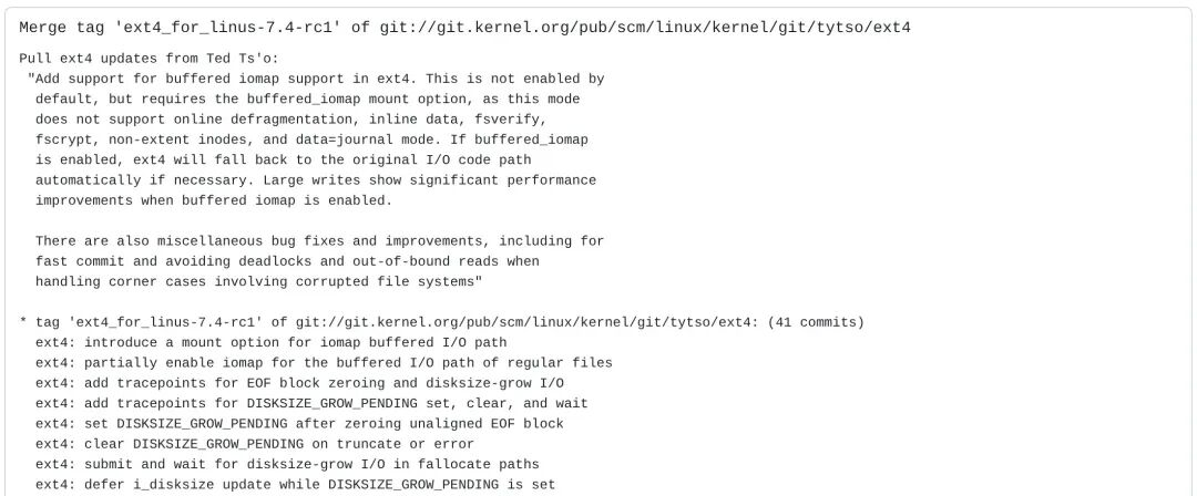 Linux 7.4 ext4 buffered_iomap 合并提交日志截图