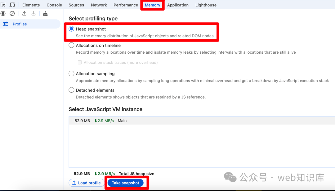 Chrome Memory面板选择Heap snapshot并点击Take snapshot