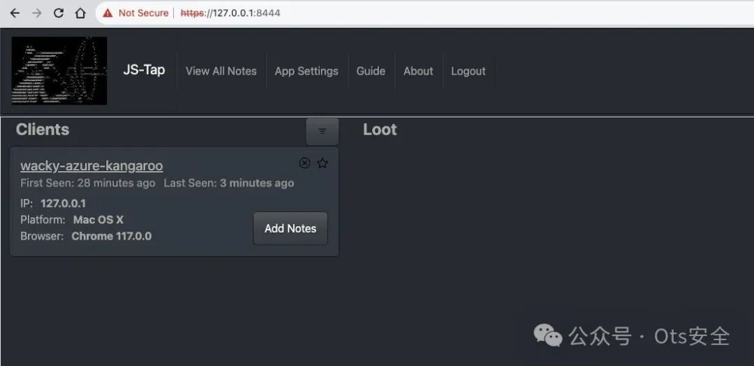 JS-Tap门户客户端列表,显示一个名为wacky-azure-kangaroo的在线客户端及其系统信息。