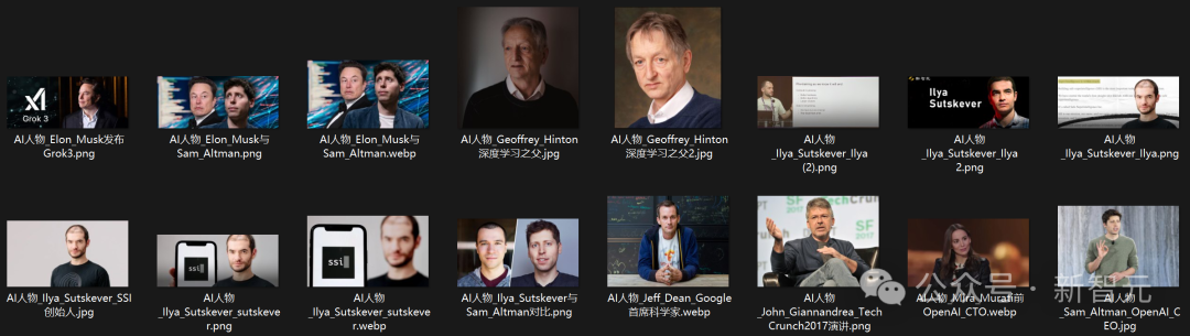 图片展示了一系列与AI人物相关的图像缩略图，包括Elon Musk、Geoffrey Hinton、Ilya Sutskever、Jeff Dean等知名AI领域人物的肖像