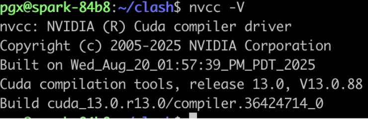终端输出:`nvcc -V`命令结果,Cuda compilation tools, release 13.0, V13.0.88