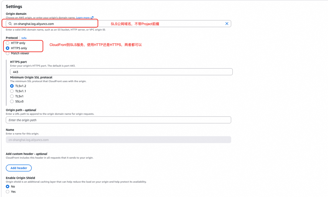 CloudFront源配置界面截图：设置SLS公网域名，选择HTTPS协议