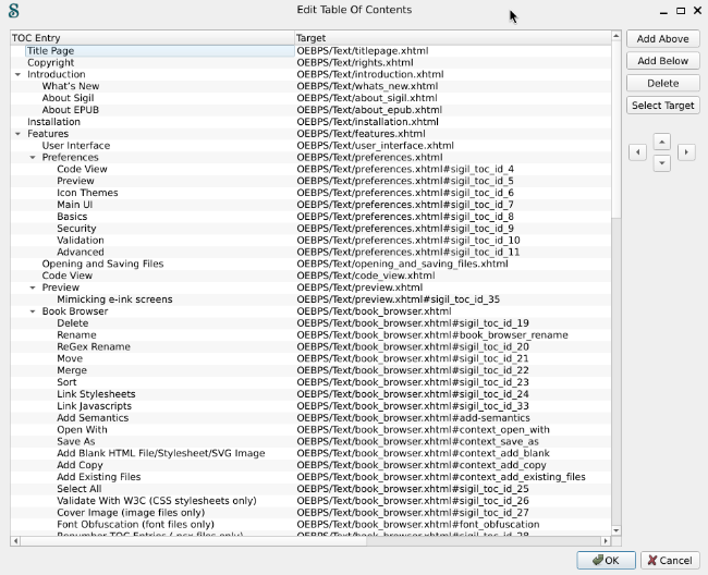 Sigil编辑目录界面，显示TOC条目与目标文件
