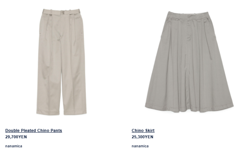 Nanamica官网产品展示：双褶卡其裤与百褶裙