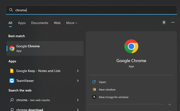 Windows 11 搜索 Chrome 显示最佳匹配及操作选项截图
