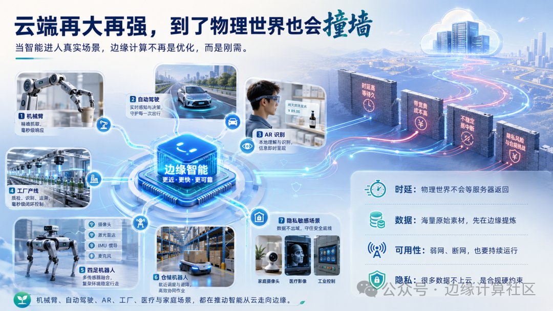 边缘智能应用场景宣传图,展示机械臂、自动驾驶、AR等场景的实时处理需求