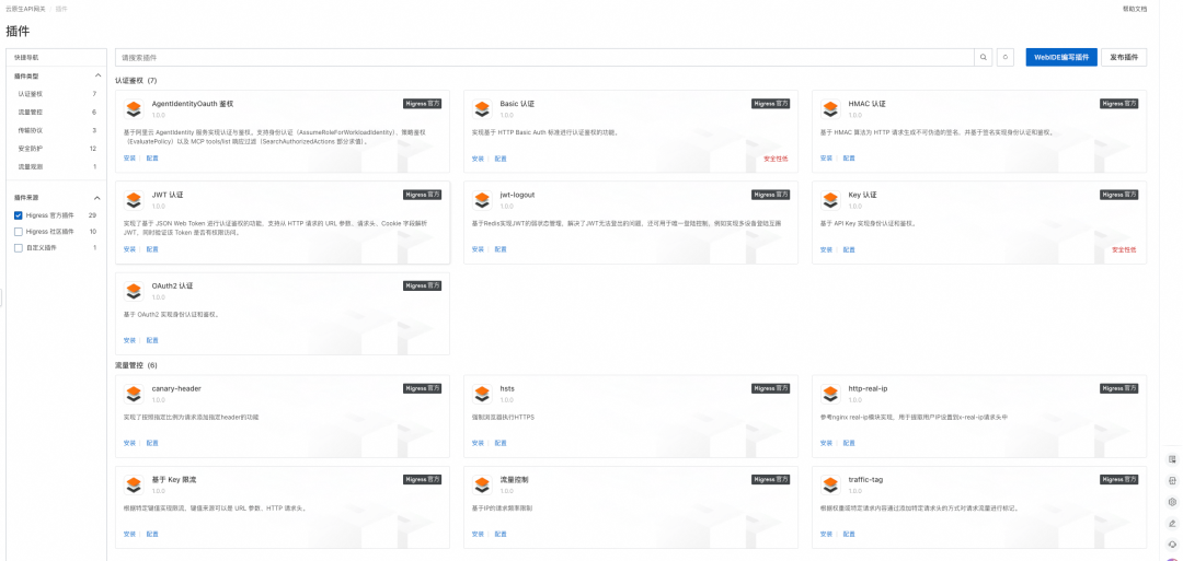Higress插件管理页面,展示多种认证与流量管控插件