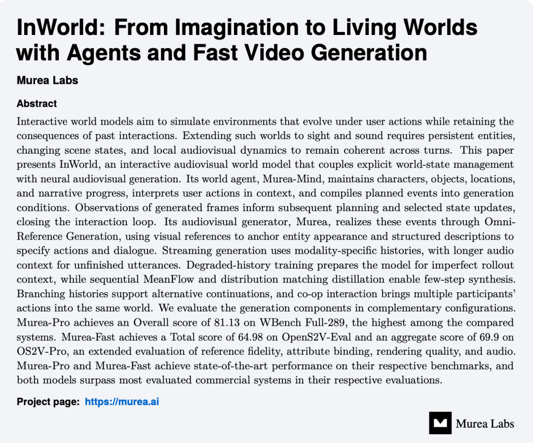 InWorld 技术报告摘要:Murea Labs 的交互音视频世界模型
