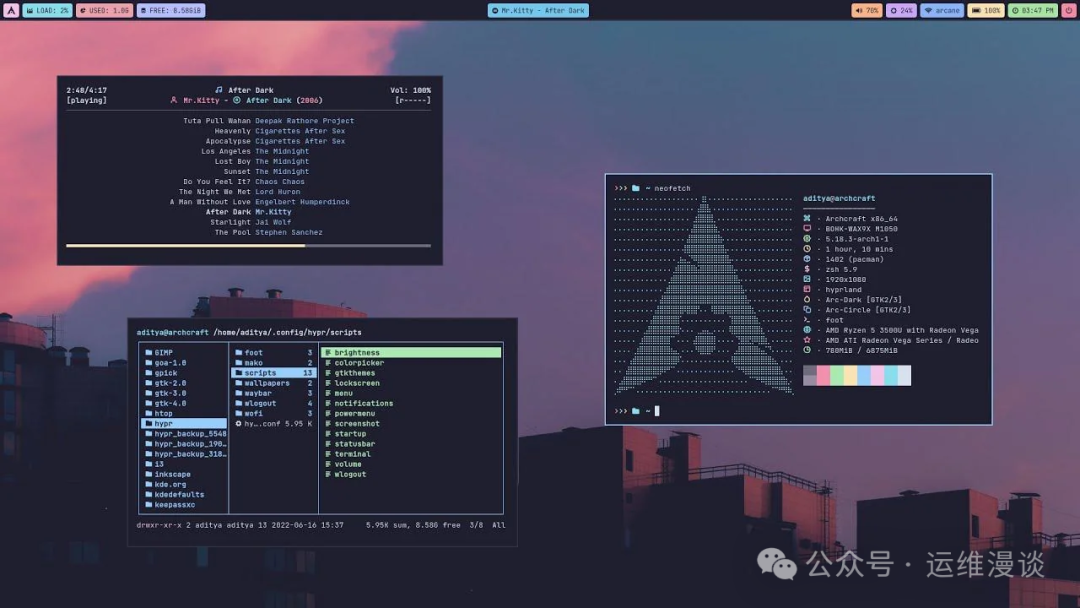 Hyprland 窗口管理器桌面，显示系统信息和终端