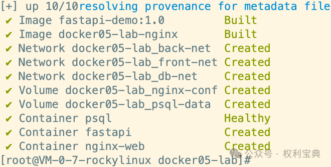 Docker Compose up 命令执行成功后的终端输出，显示镜像、网络、卷、容器创建状态