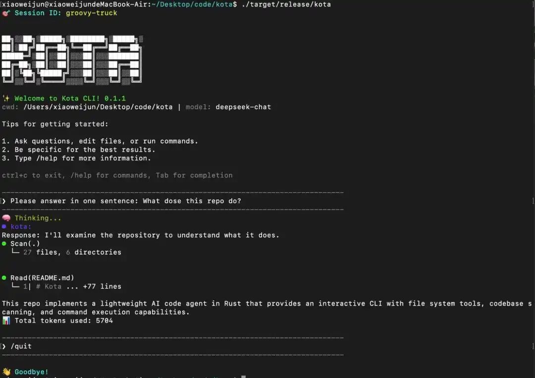 Kota CLI v0.1.1 运行界面示例