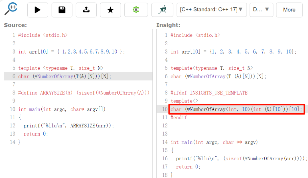 C++ Insights展示模板实例化后提取数组大小为10的截图