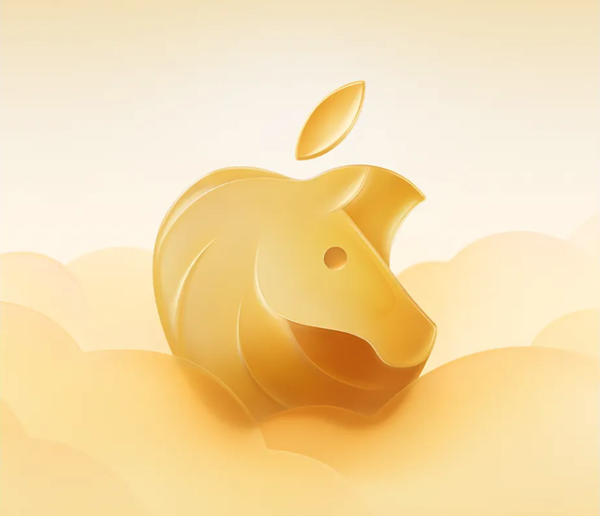 金色苹果标志变形为马头轮廓，背景柔黄云朵