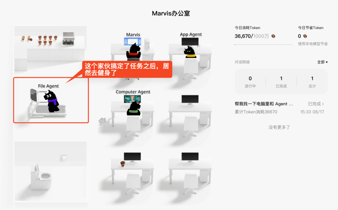 Marvis 办公室:File Agent 任务完成后去健身的趣味插画