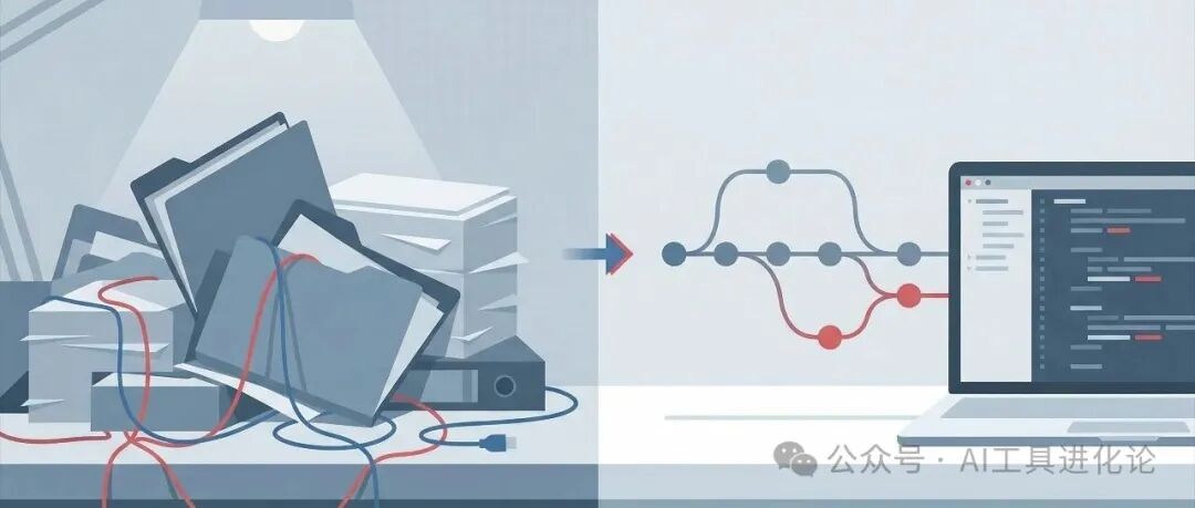 描绘从传统混乱工作方式转向数字化智能编码的插画