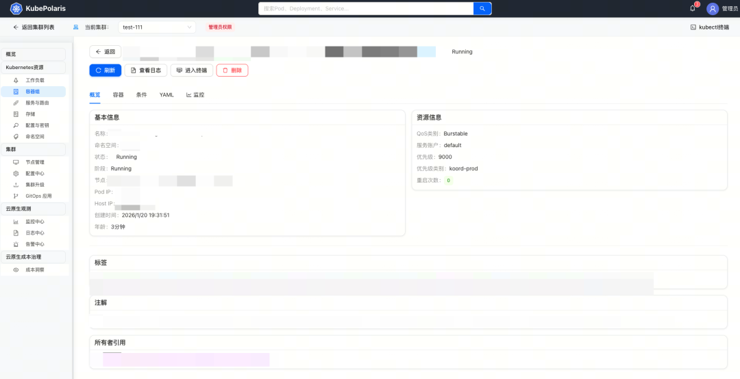 KubePolaris Pod 详情管理页面