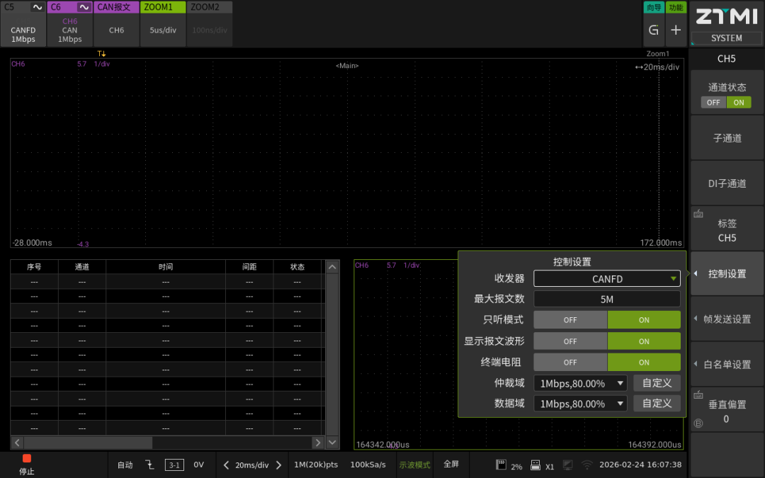示波器软件界面，显示CANFD信号波形和详细的通道控制设置面板